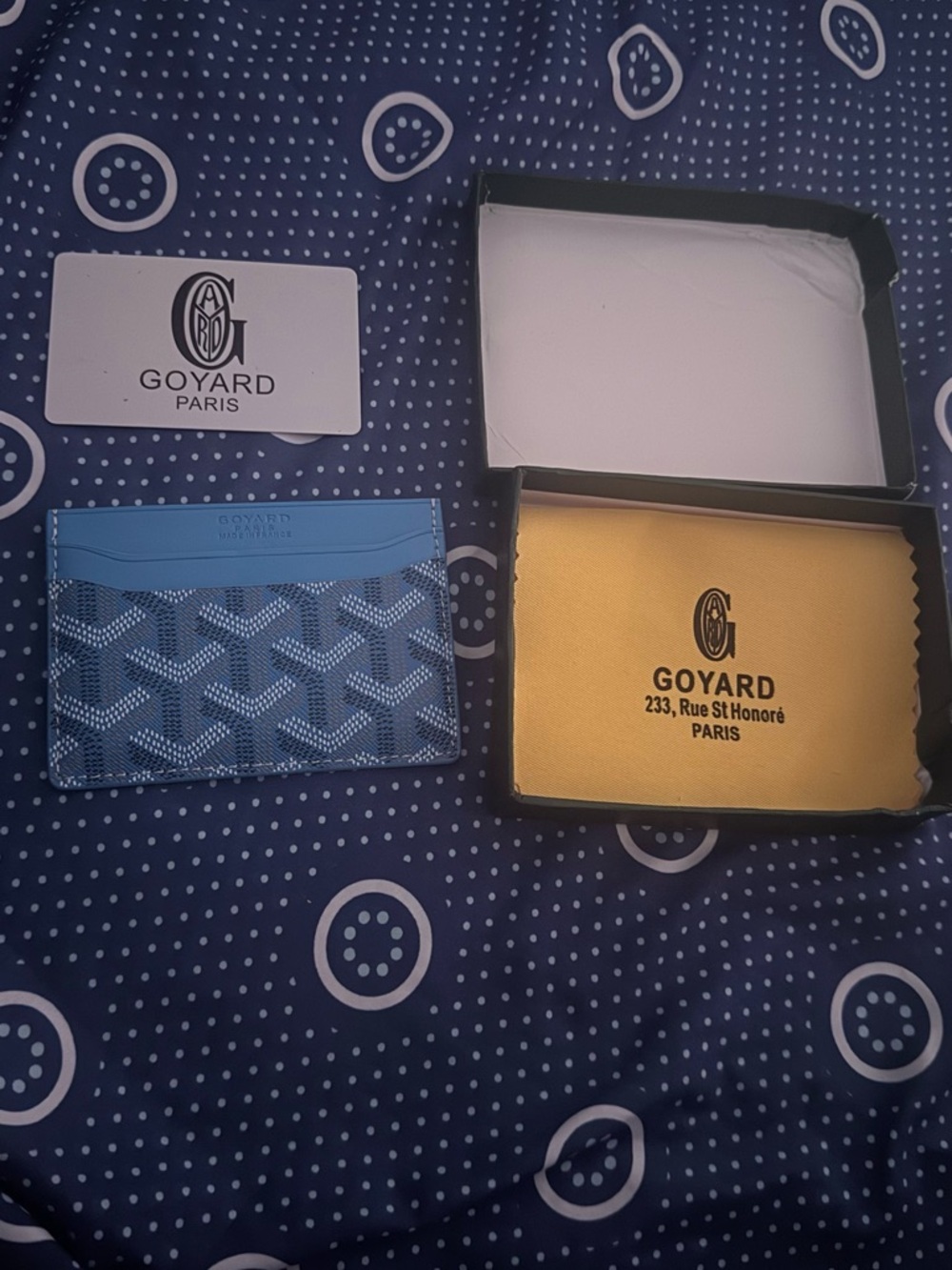 Goyard Blue and Light Blue Card Holder with Signature Chevron Pattern
